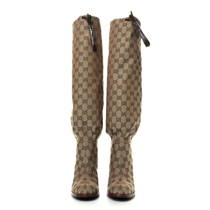 Gucci Monogram Lisa Mid Heel Boots 37.5 Beige Ebony 2 of 6