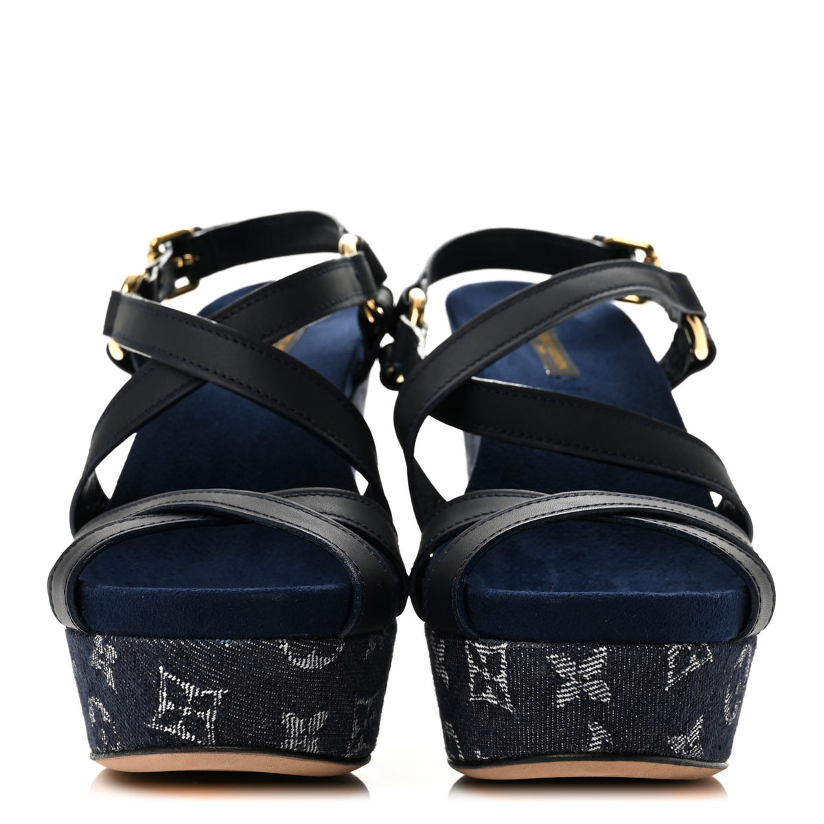 Calfskin Monogram Denim Ocean Wedge Sandals 38.5 Blue
