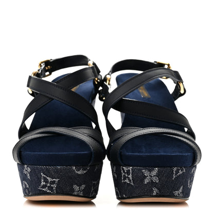 Louis Vuitton Calfskin Monogram Denim Ocean Wedge Sandals 38.5 Blue 3 of 11