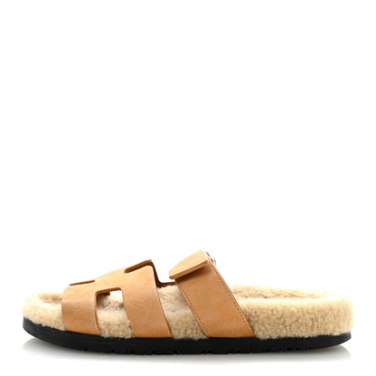 Hermes Suede Goatskin Woolskin Womens Chypre Sandals 37 Golden Beige 1 of 10