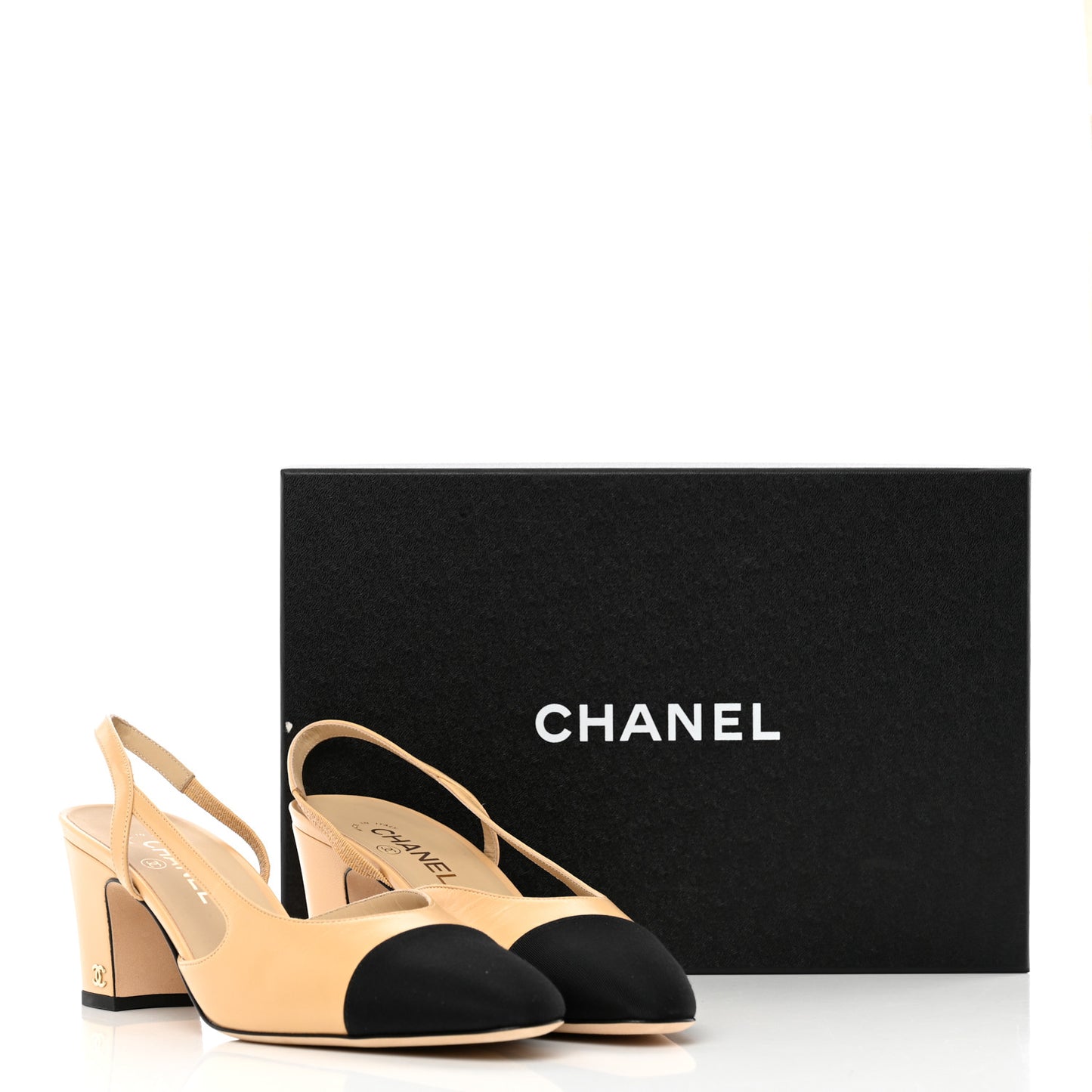 Goatskin Grosgrain Cap Toe CC Slingback Pumps 41 Beige Black