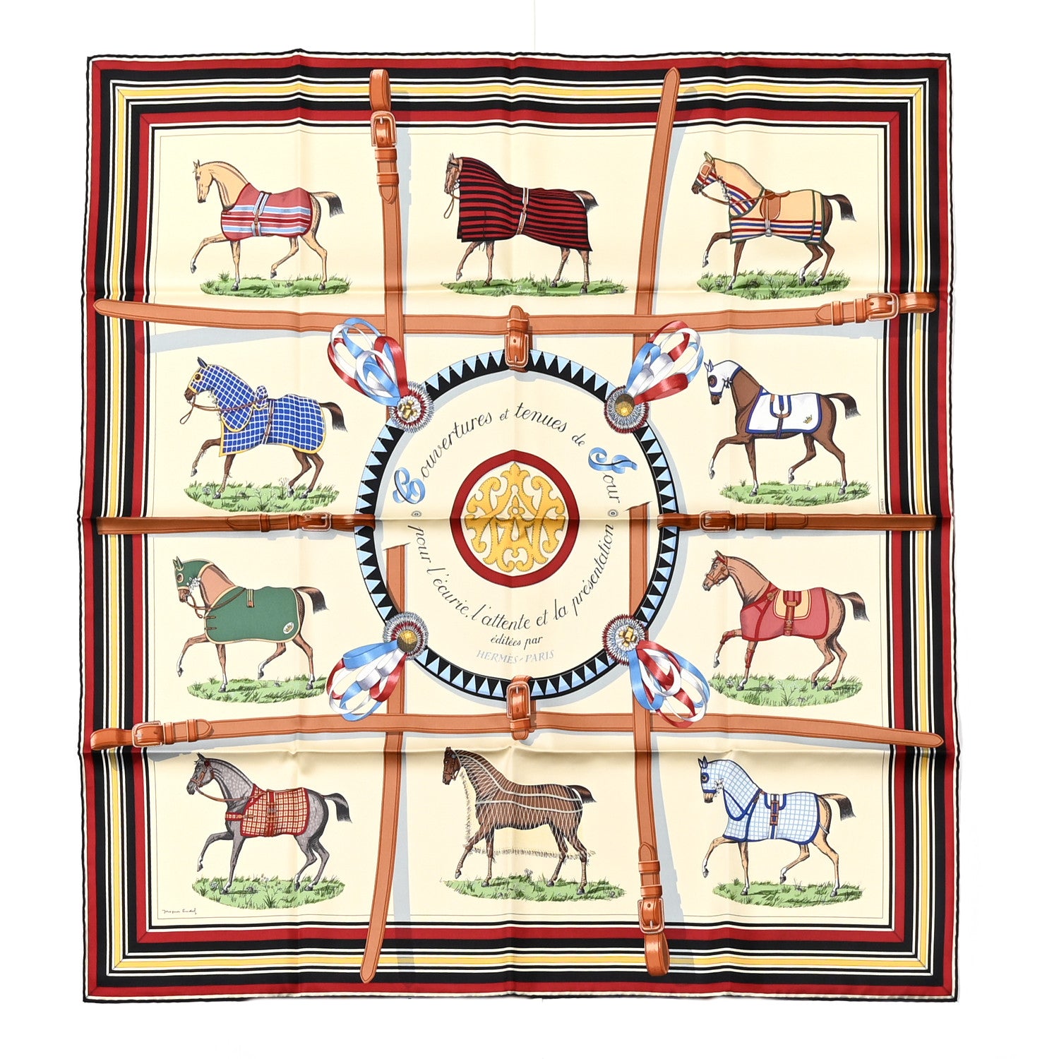 Hermes Silk Couvertures Et Tenues de Jour Scarf 90 Creme Rouge H Bleu Multicolor 1 of 5