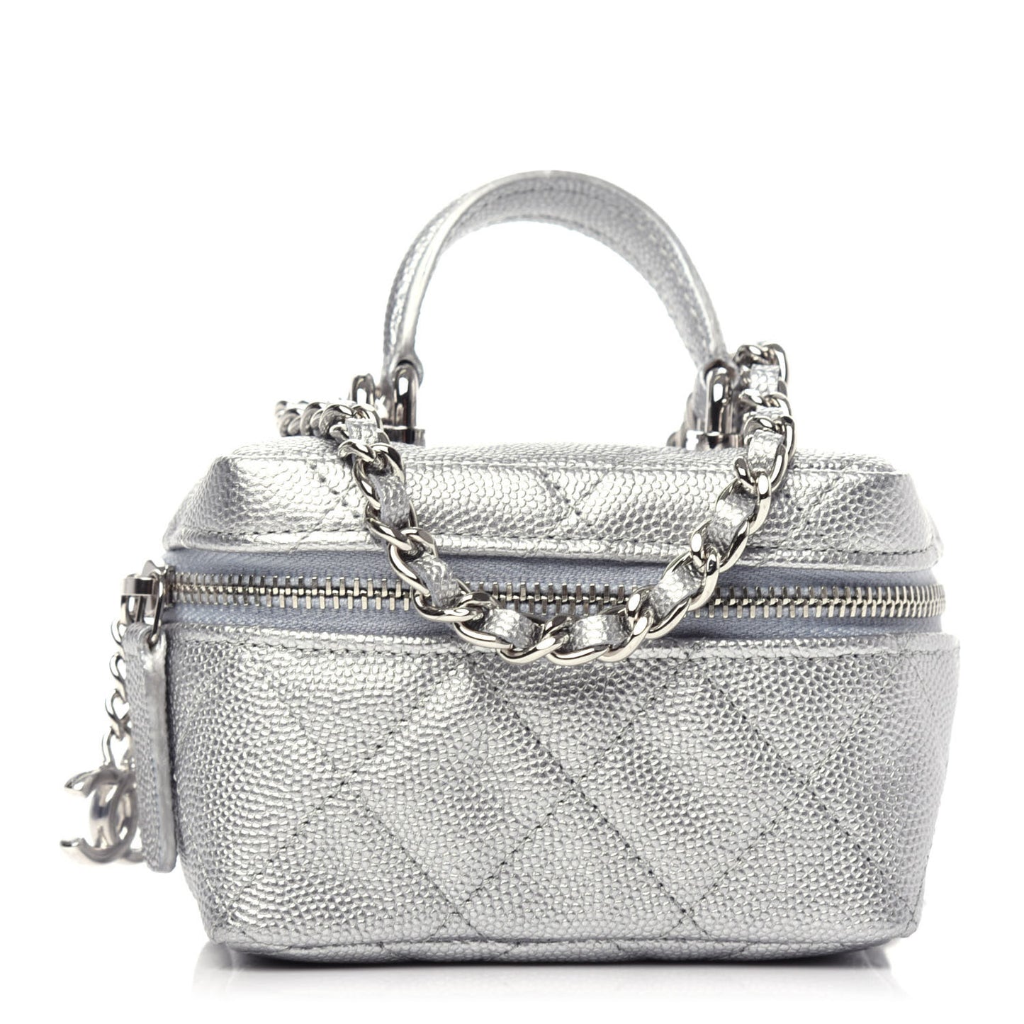 Metallic Caviar Quilted Mini Top Handle Vanity With Chain Silver