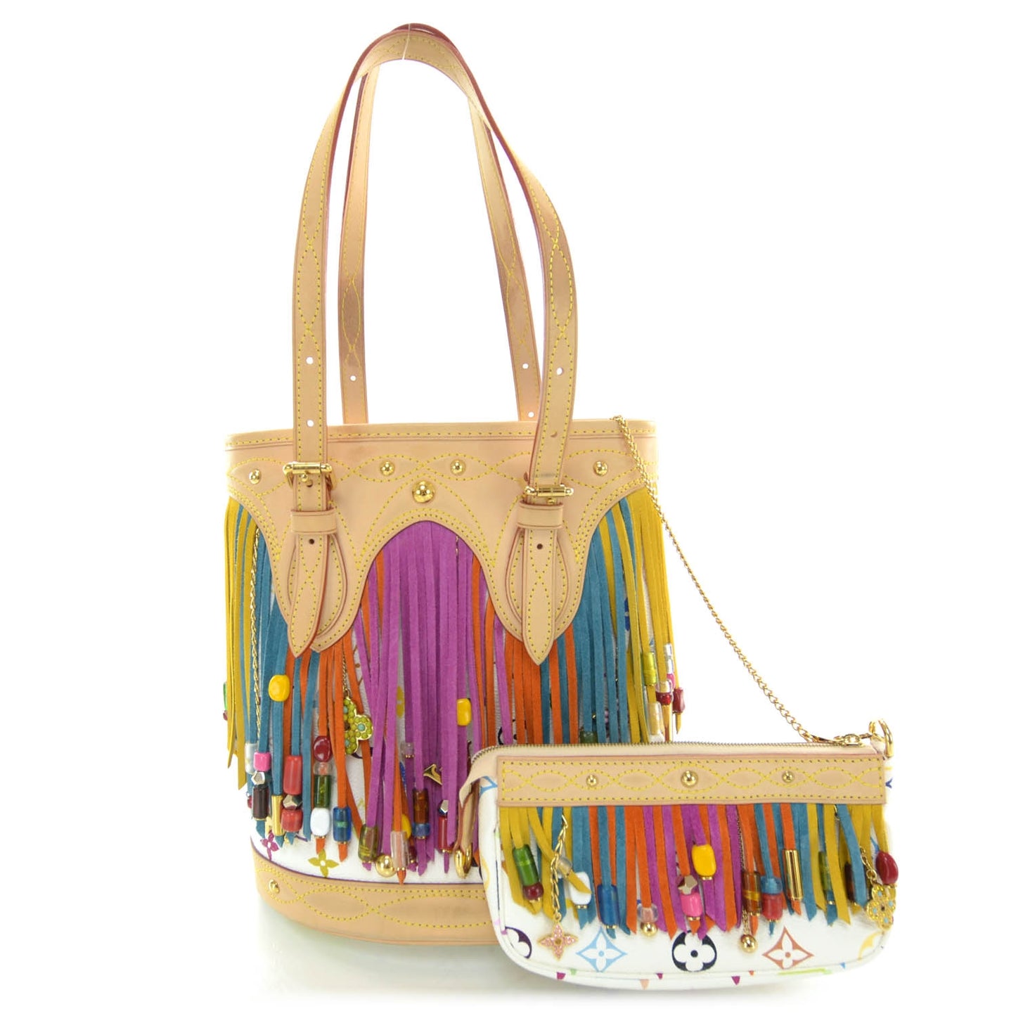 Monogram Multicolor Fringe Bucket White