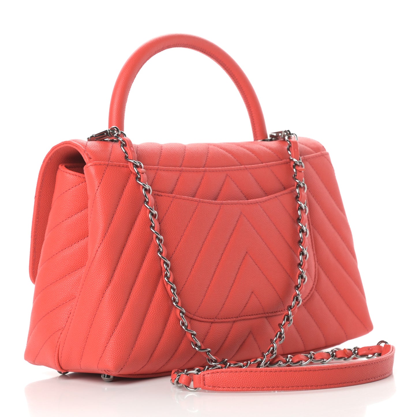 Caviar Chevron Quilted Small Coco Handle Flap Coral