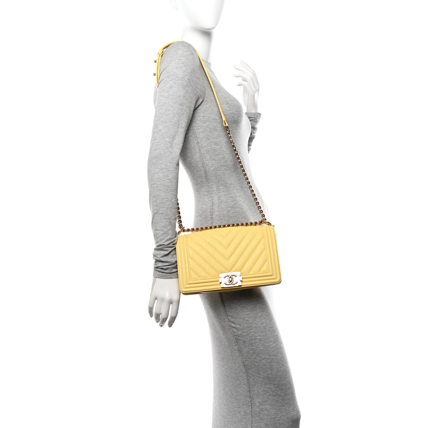 Caviar Chevron Quilted Medium Boy Flap Yellow