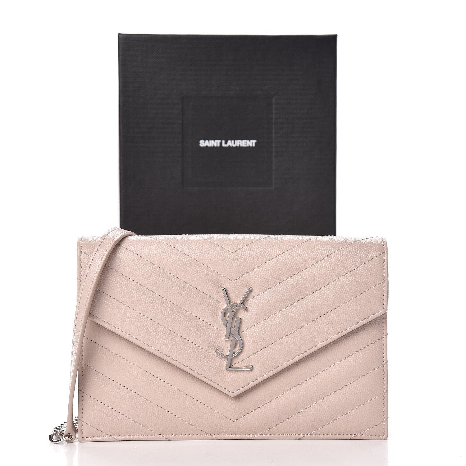 Saint Laurent Grain De Poudre Matelasse Chevron Monogram Envelope Chain Wallet Marble Pink 11 of 11