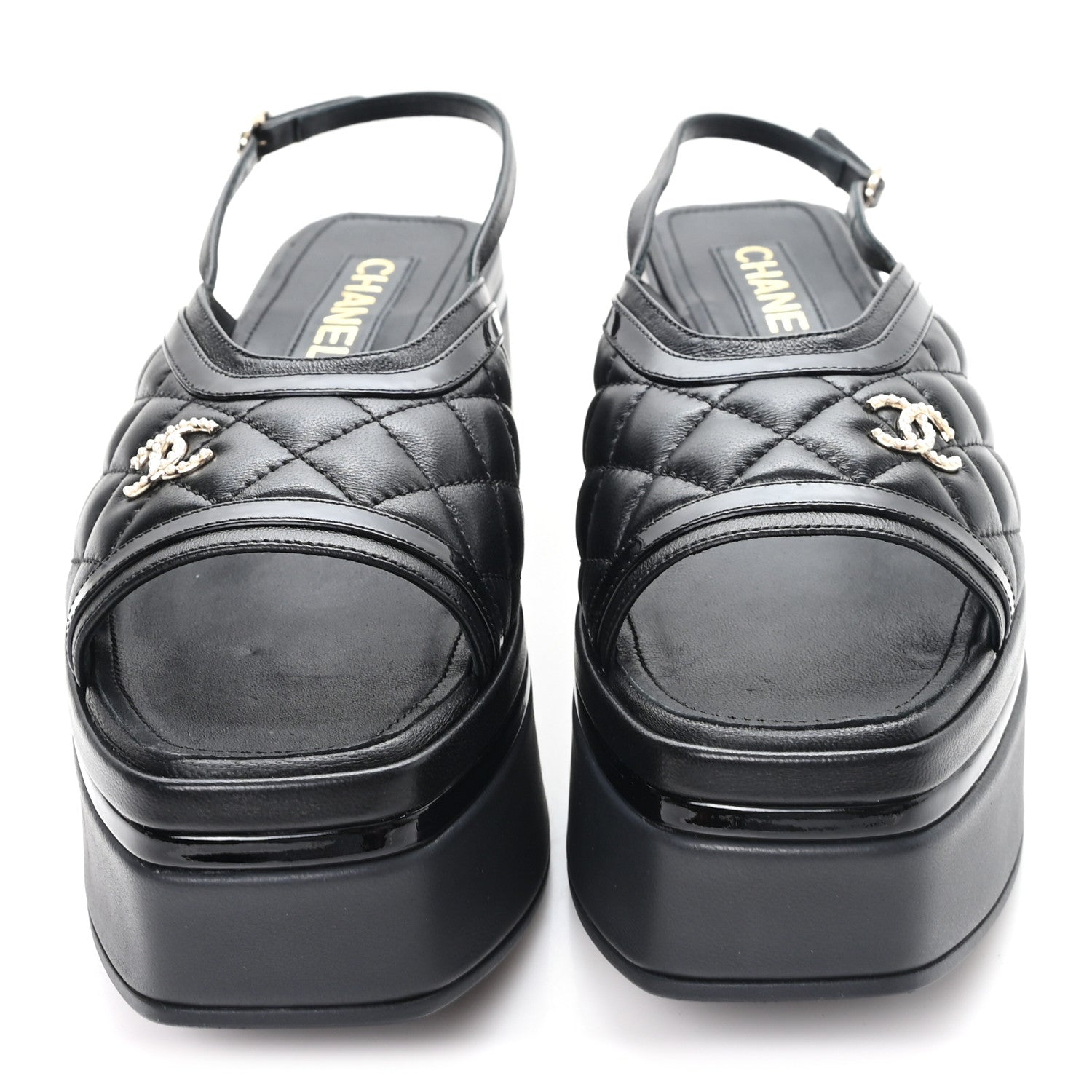 Chanel Lambskin Patent Quilted CC Platform Sandals 39.5 Black 3 of 10