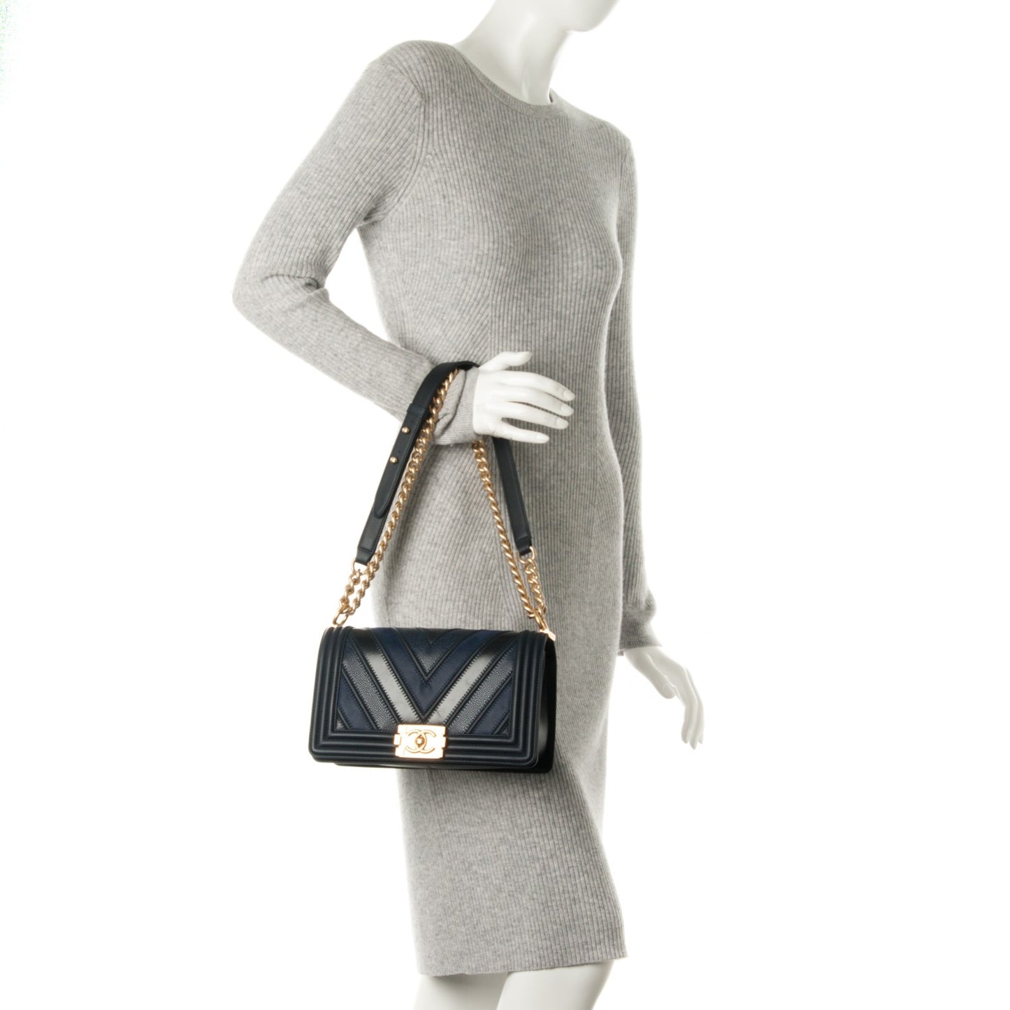 Caviar Suede Calfskin Chevron Medium Boy Flap Navy