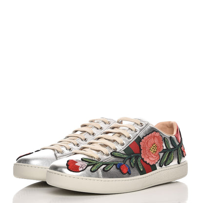 Gucci Metallic Calfskin Floral Embroidered Ace Sneakers 38 Silver 2 of 11