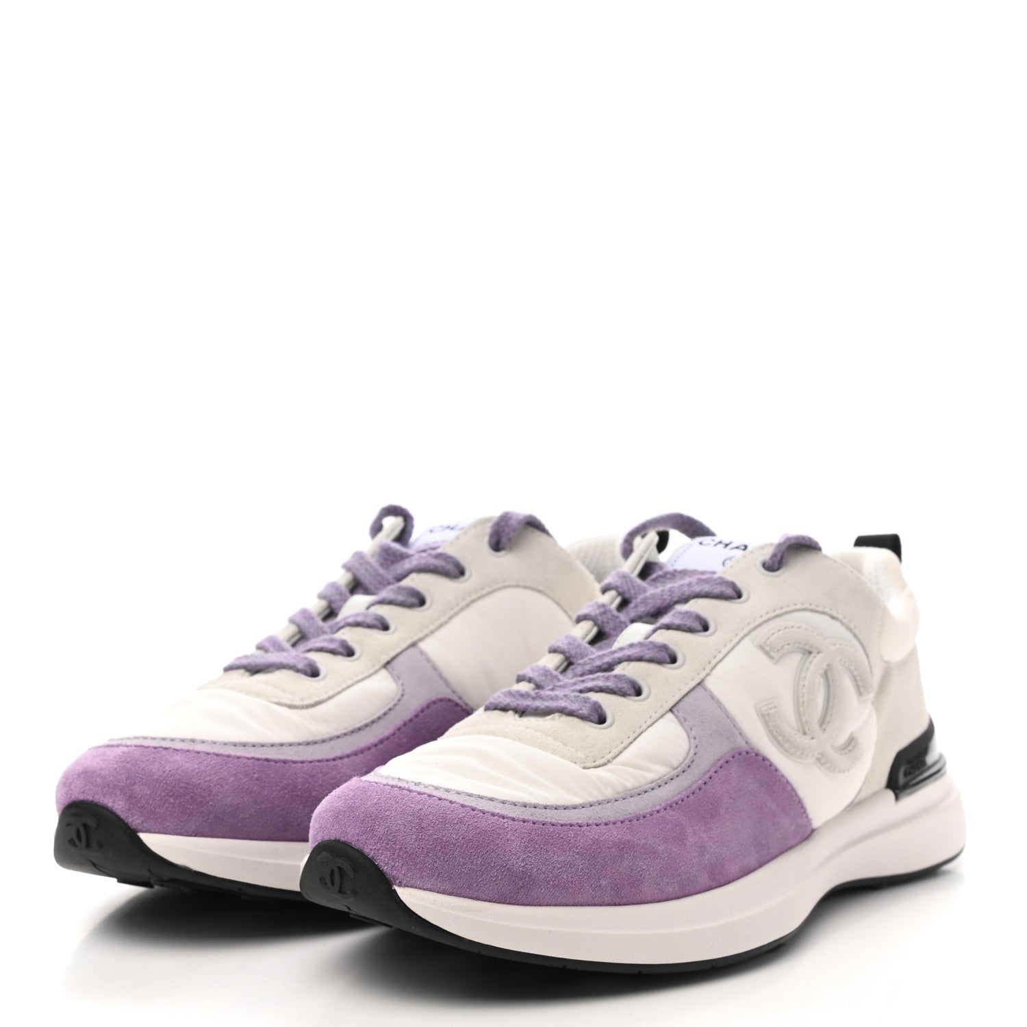 Chanel Nylon Calfskin Suede CC Womens Sneakers 40 White Light Grey Purple 3 of 8