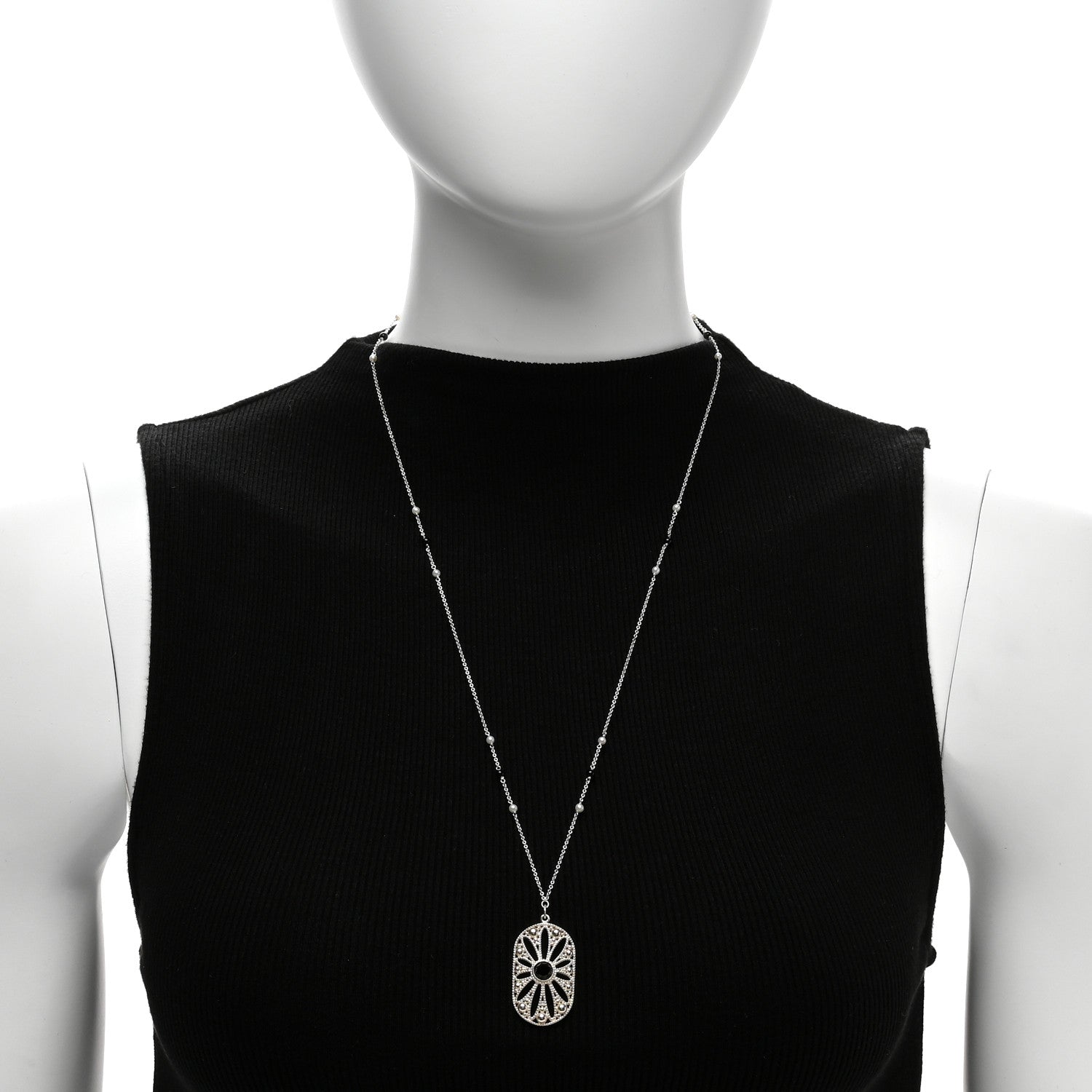 Tiffany Sterling Silver Black Onyx Pearl Ziegfeld Daisy Pendant Necklace 2 of 5