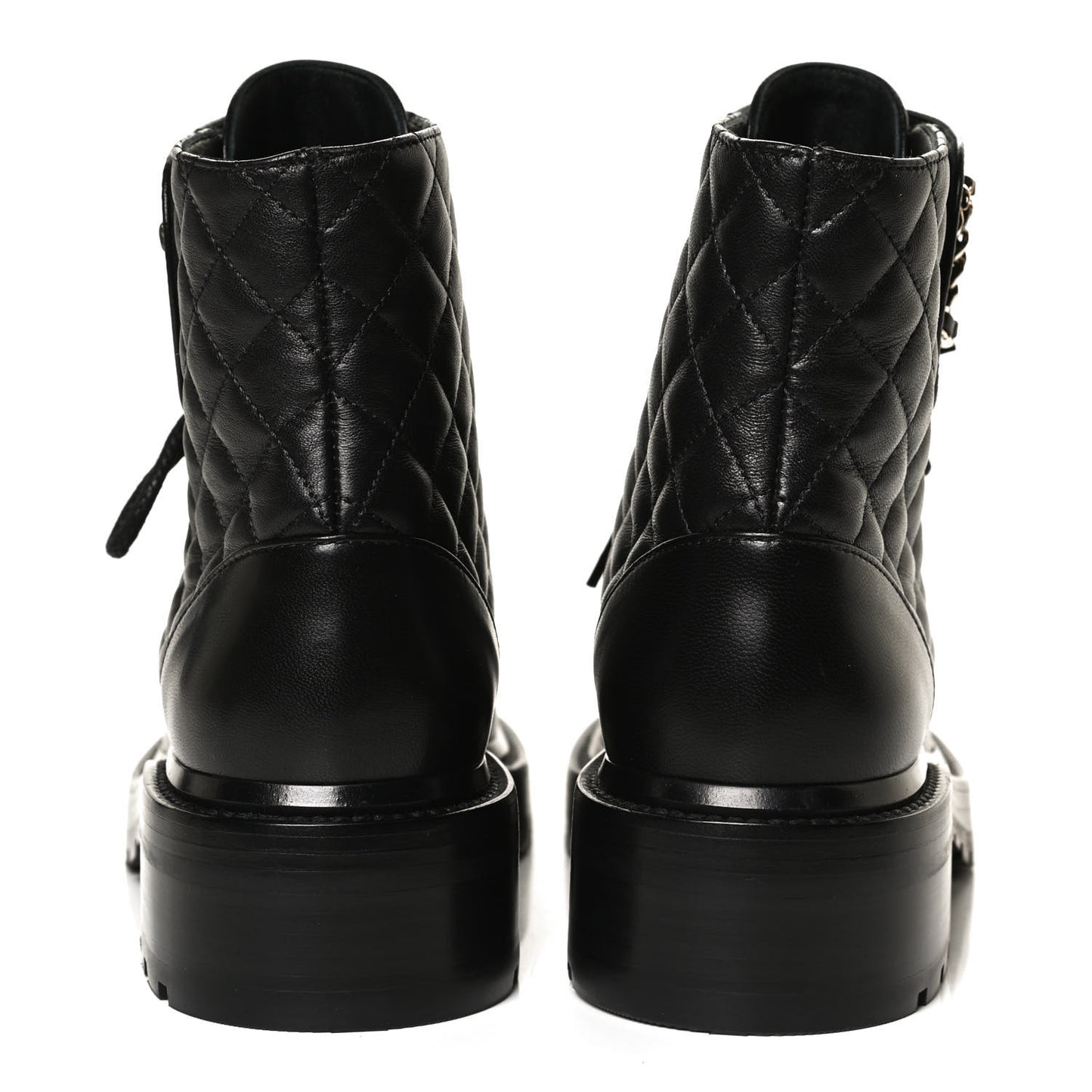 Shiny Lambskin Quilted Lace Up Combat Boots 37 Black