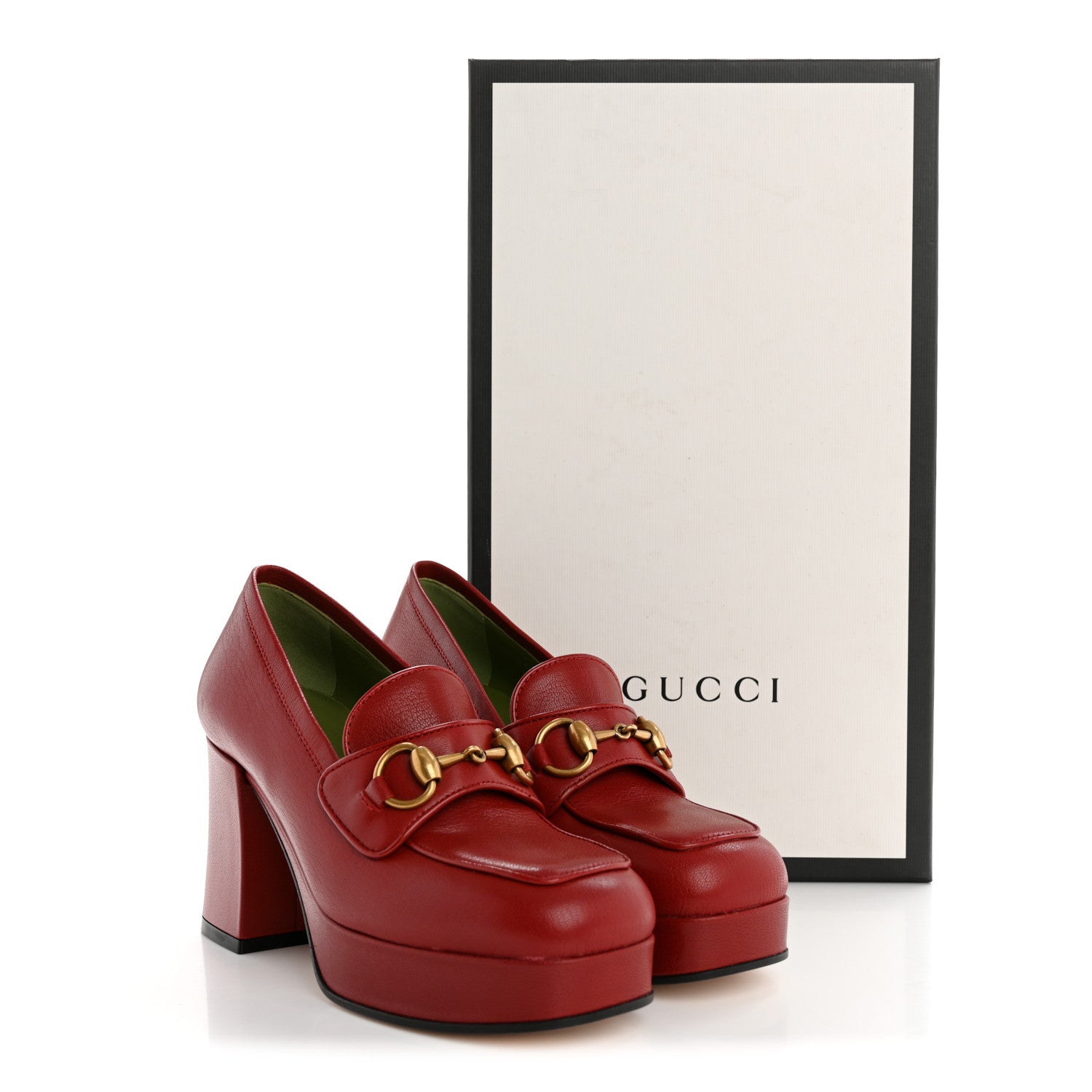 Gucci Goatskin Houdan Mid Heel Platform Loafers 35.5 Hibiscus Red