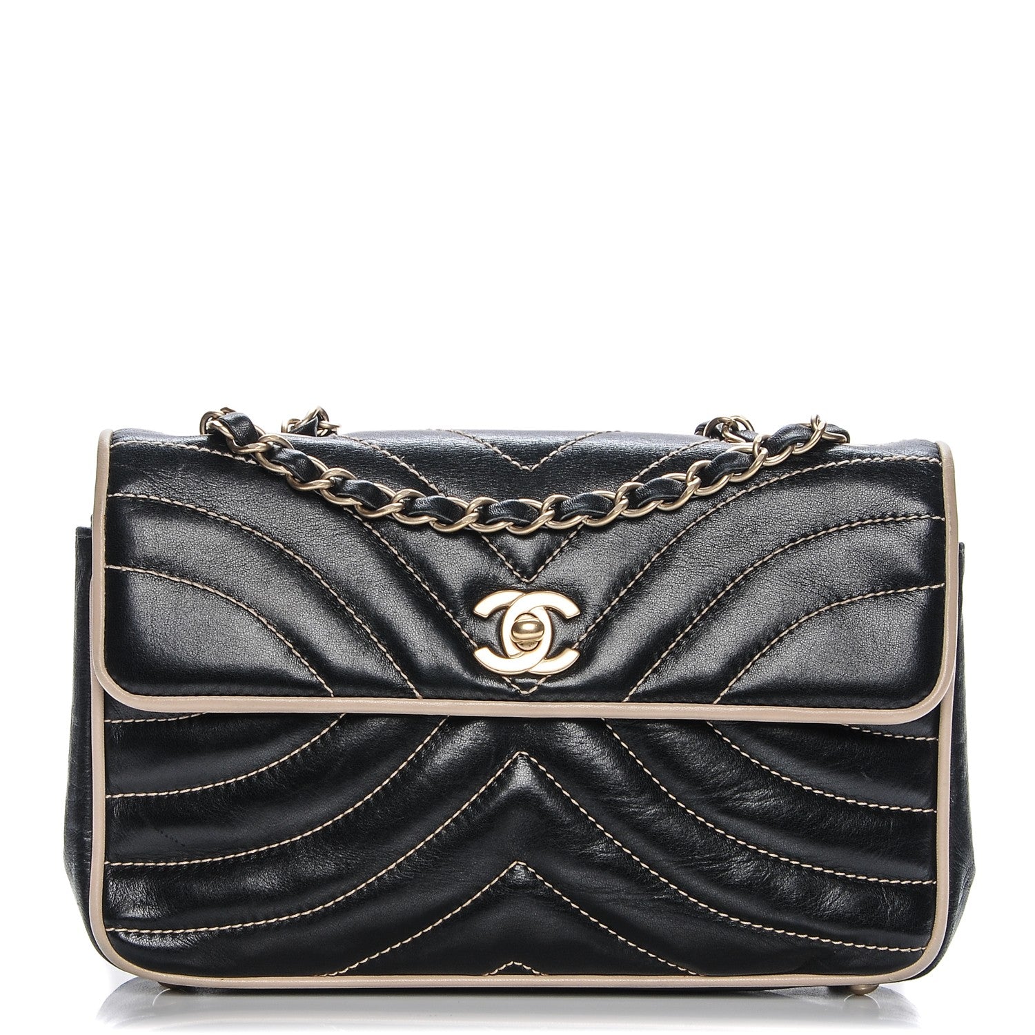 Chanel Lambskin Small Chevron Flap Black Beige 1 of 7
