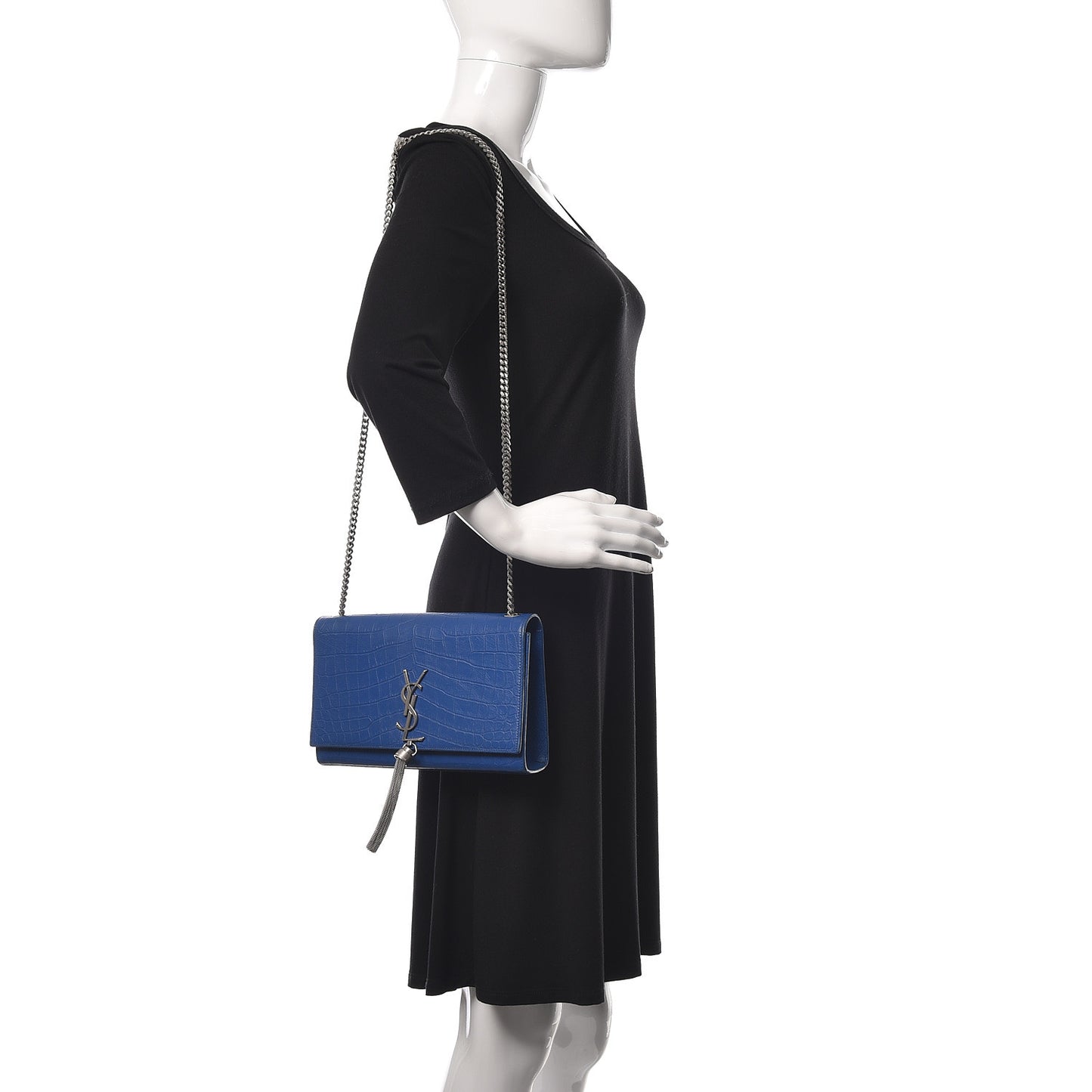 Calfskin Crocodile Embossed Medium Classic Monogram Kate Tassel Satchel Bleu Majorelle