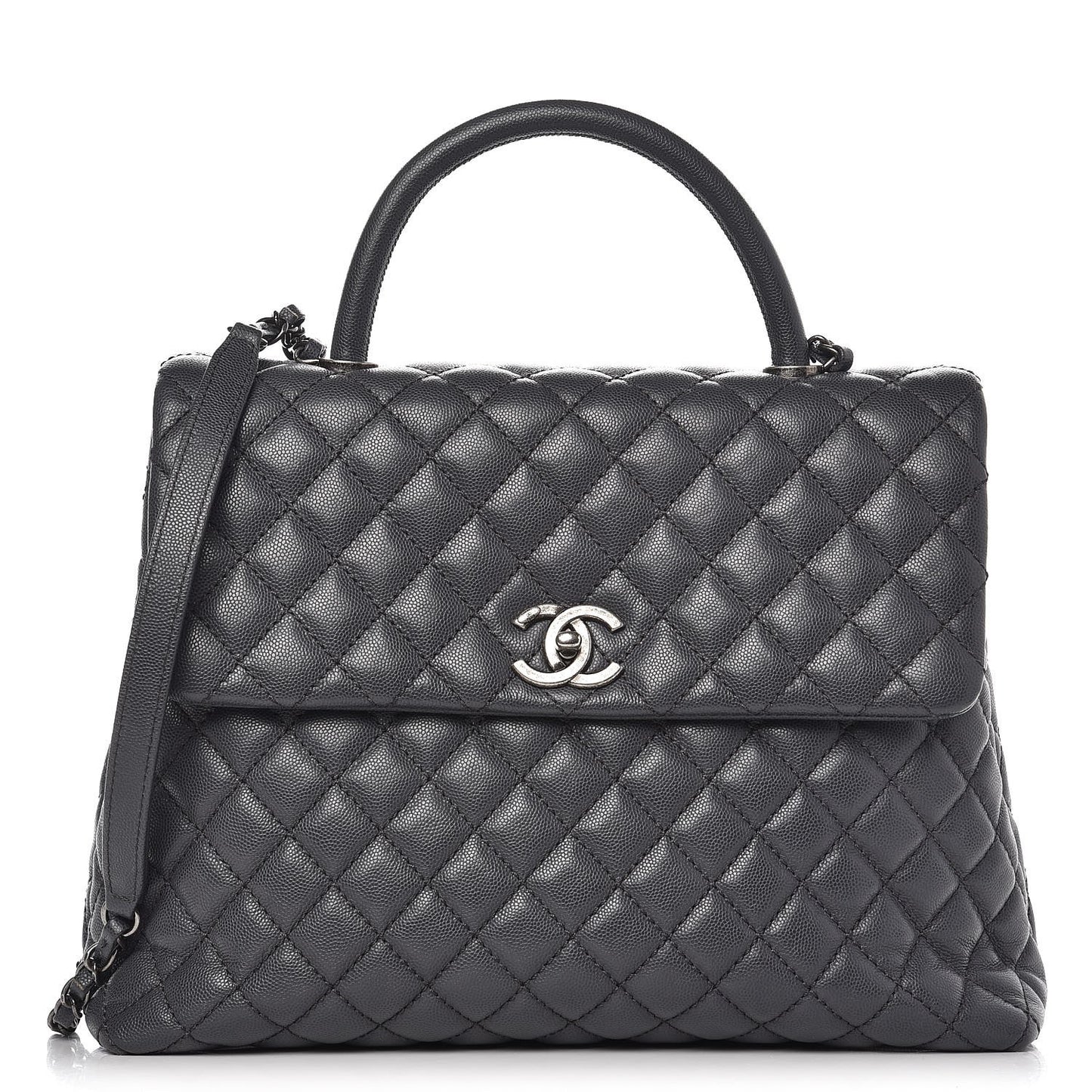 Caviar Quilted Large Coco Handle Flap Grey