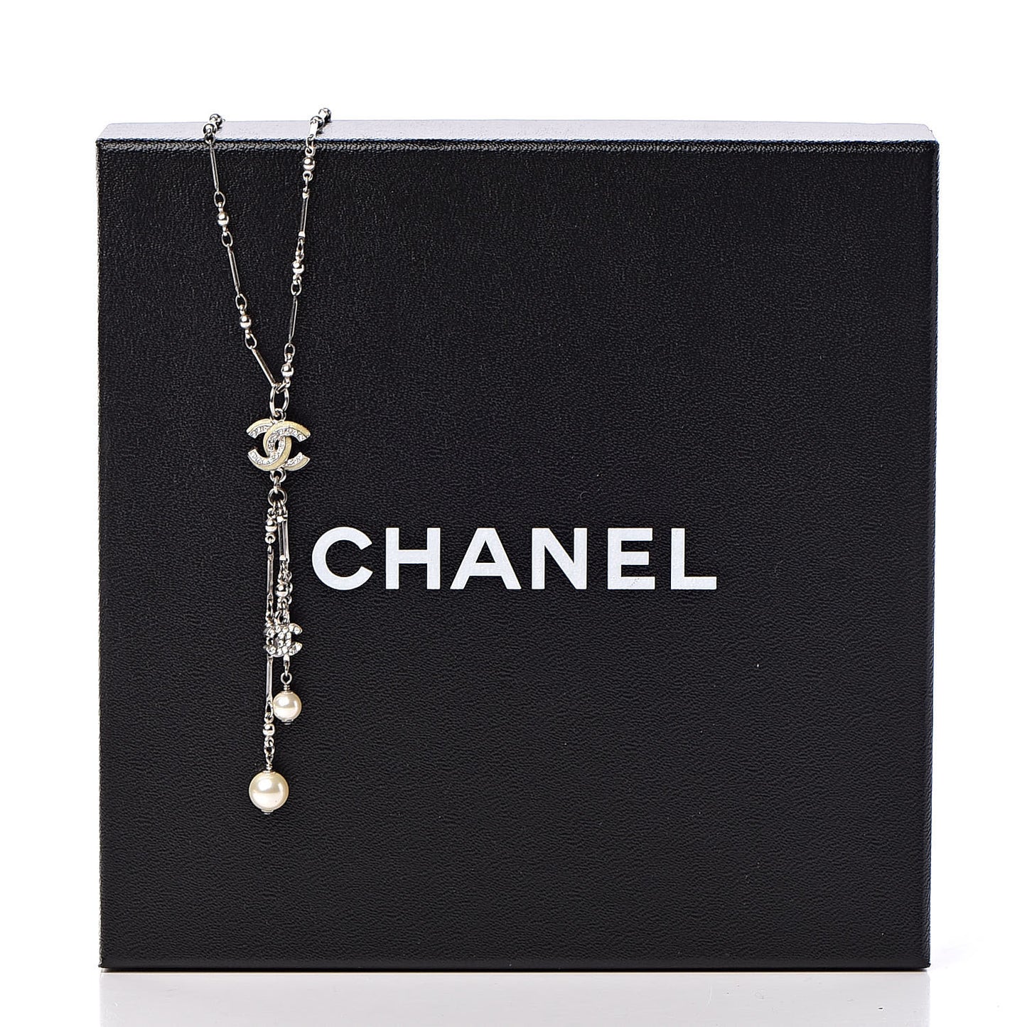 Crystal Pearl CC Beaded Long Necklace Silver