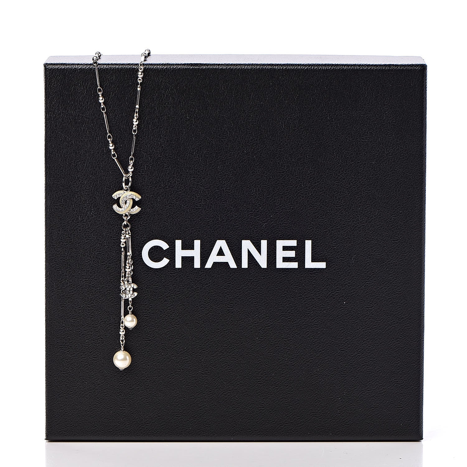 Chanel Crystal Pearl CC Beaded Long Necklace Silver 7 of 7
