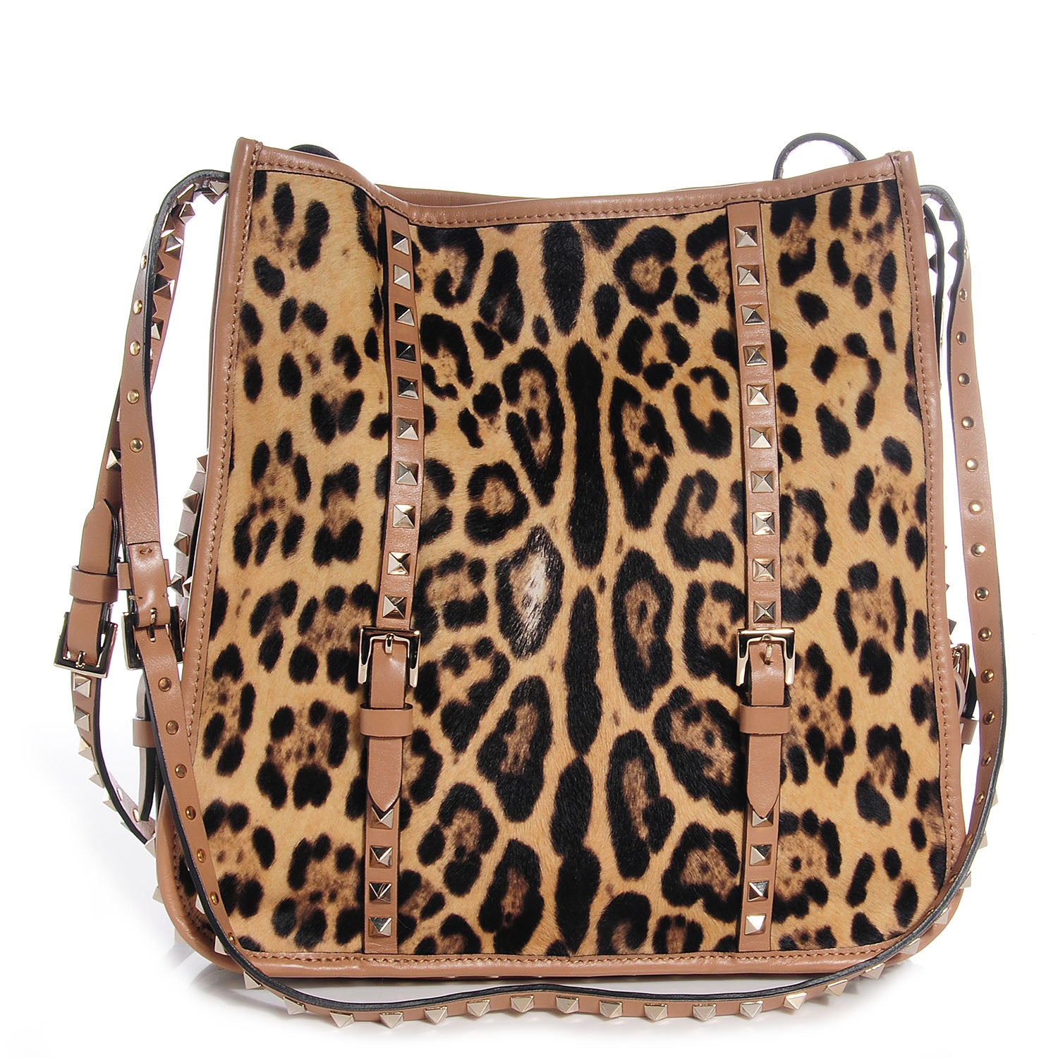 Valentino Garavani Calf Hair Leopard Print Rockstud Shopper Tote Tan 1 of 8