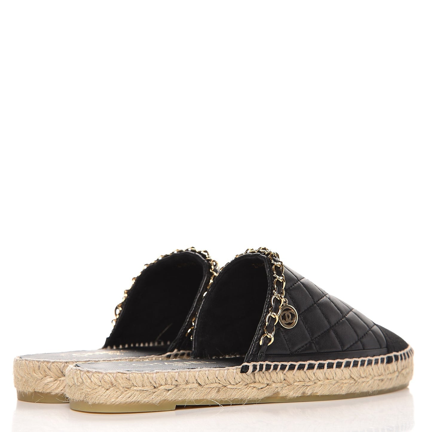 Lambskin Grosgrain Quilted CC Chain Espadrille Mules 39 Black