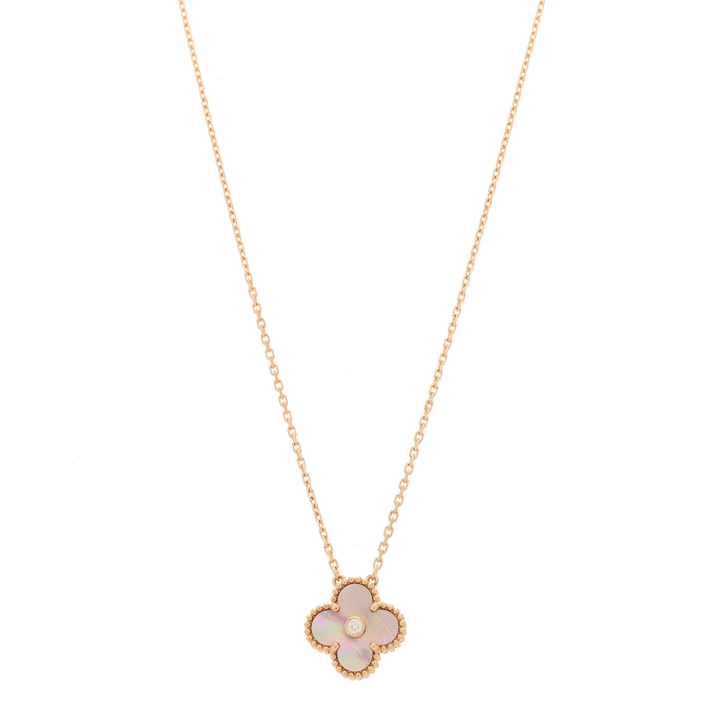18K Rose Gold Diamond Pink Mother of Pearl Vintage Alhambra Pendant Necklace