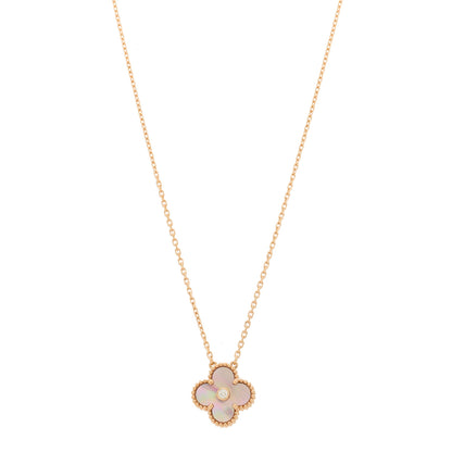 Van Cleef & Arpels 18K Rose Gold Diamond Pink Mother of Pearl Vintage Alhambra Pendant Necklace 1 of 6