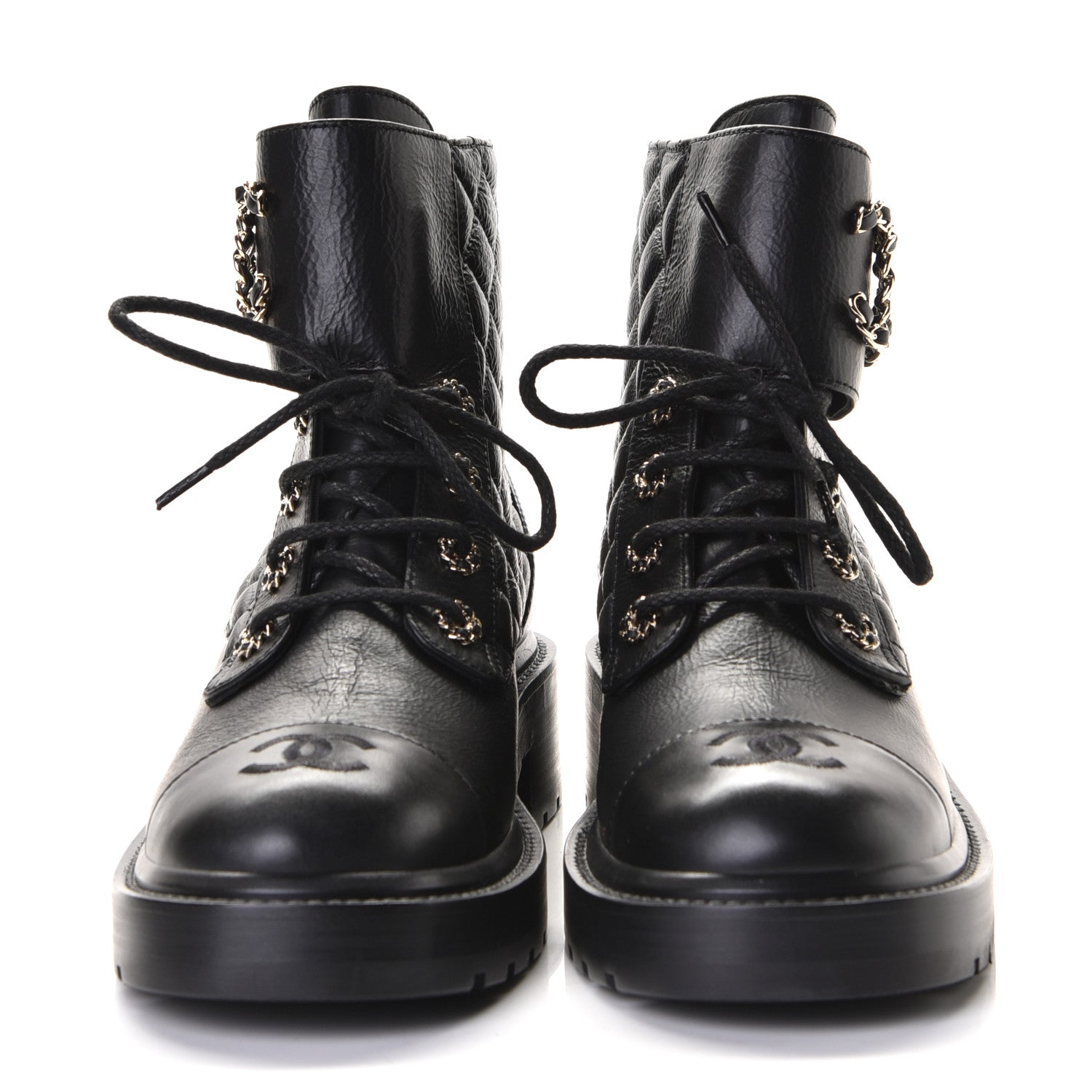 Chanel Shiny Goatskin Calfskin Quilted Lace Up Combat Boots 38.5 Black 2 of 6