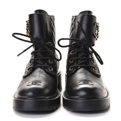 Chanel Shiny Goatskin Calfskin Quilted Lace Up Combat Boots 38.5 Black 2 of 6