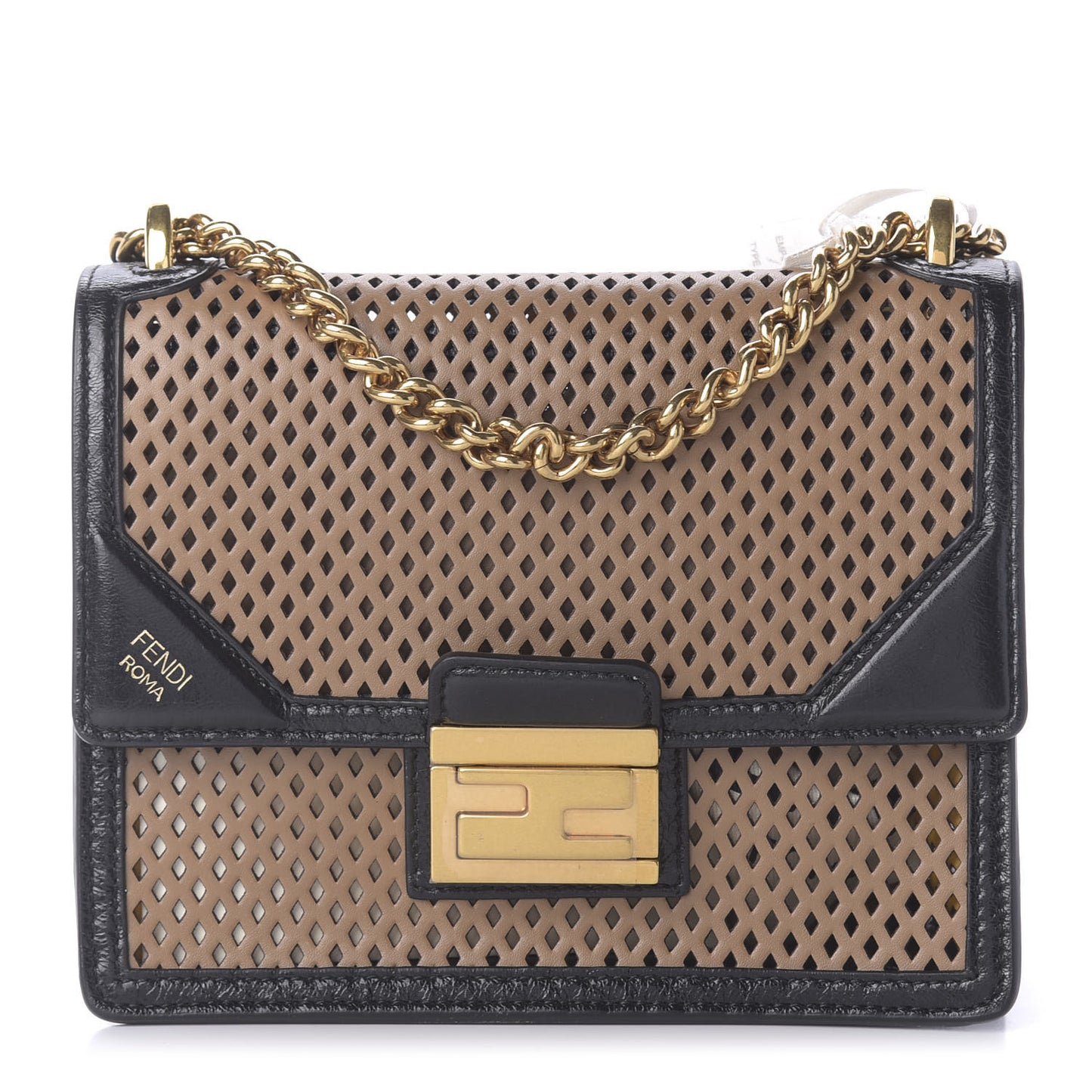 Vitello Liberty Glossy Lambskin Perforated Small Kan U Shoulder Bag Sand Mimosa Black