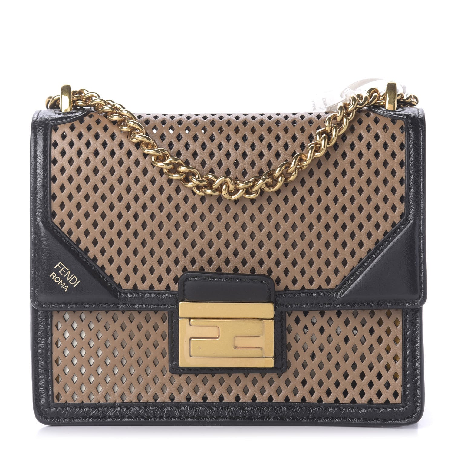Fendi Vitello Liberty Glossy Lambskin Perforated Small Kan U Shoulder Bag Sand Mimosa Black 1 of 9