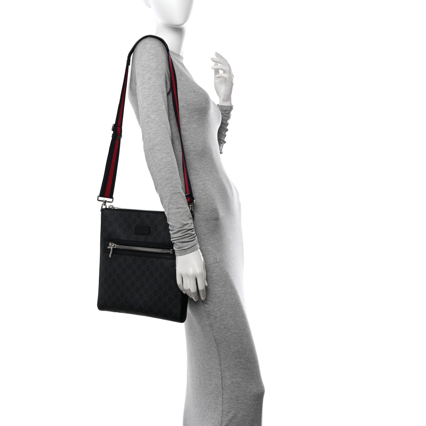 GG Supreme Monogram Appia Calfskin Web Flat Messenger Bag Black Grey