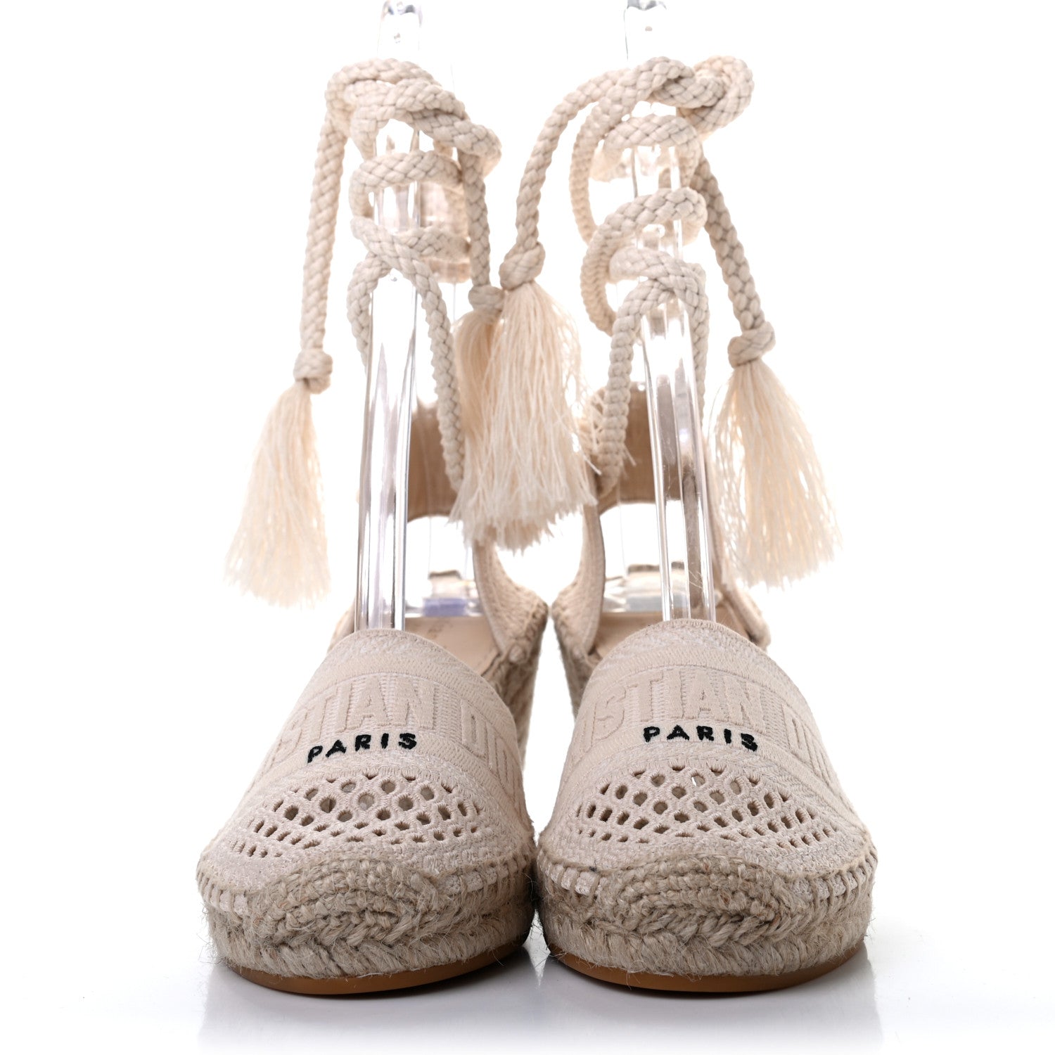 Christian Dior Canvas Embroidered Granville Ankle Tie Espadrille Wedges 35 Cream 2 of 8