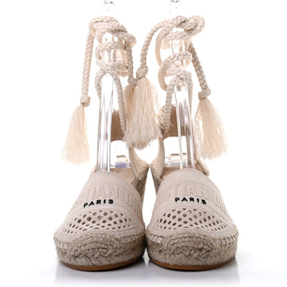 Christian Dior Canvas Embroidered Granville Ankle Tie Espadrille Wedges 35 Cream 2 of 8