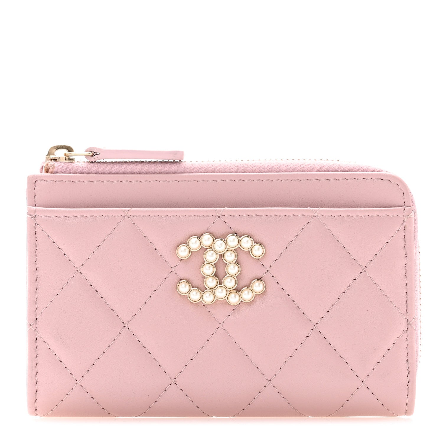 Chanel Lambskin Quilted Pearl Crystal CC Zip Around Card Holder Pink 1 of 10