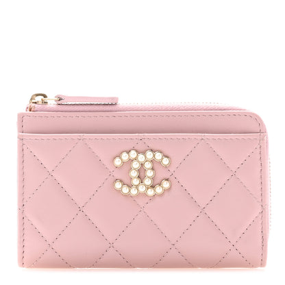 Chanel Lambskin Quilted Pearl Crystal CC Zip Around Card Holder Pink 1 of 10