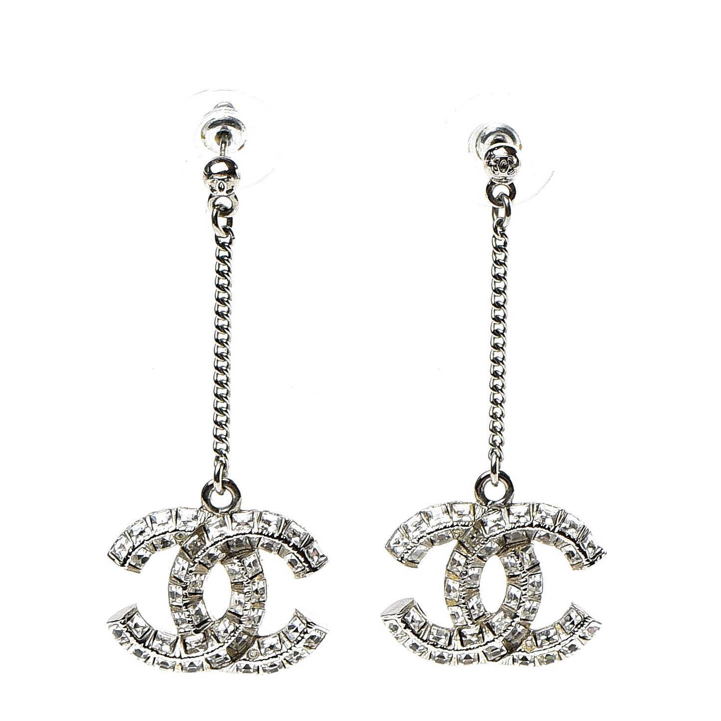 Baguette Crystal CC Drop Earrings Silver