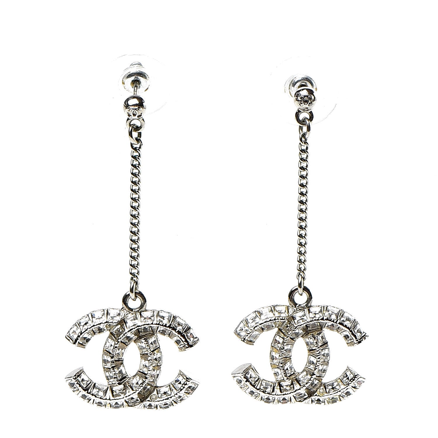 Chanel Baguette Crystal CC Drop Earrings Silver 1 of 3