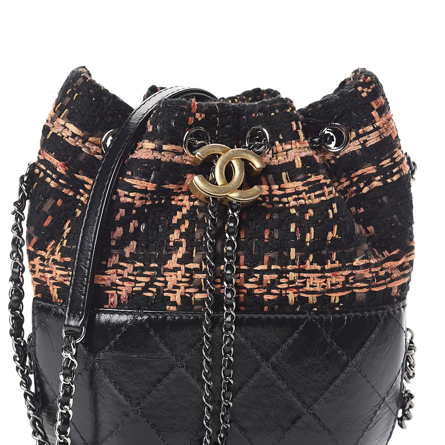 Tweed Calfskin Quilted Small Gabrielle Bucket Black Brown Orange