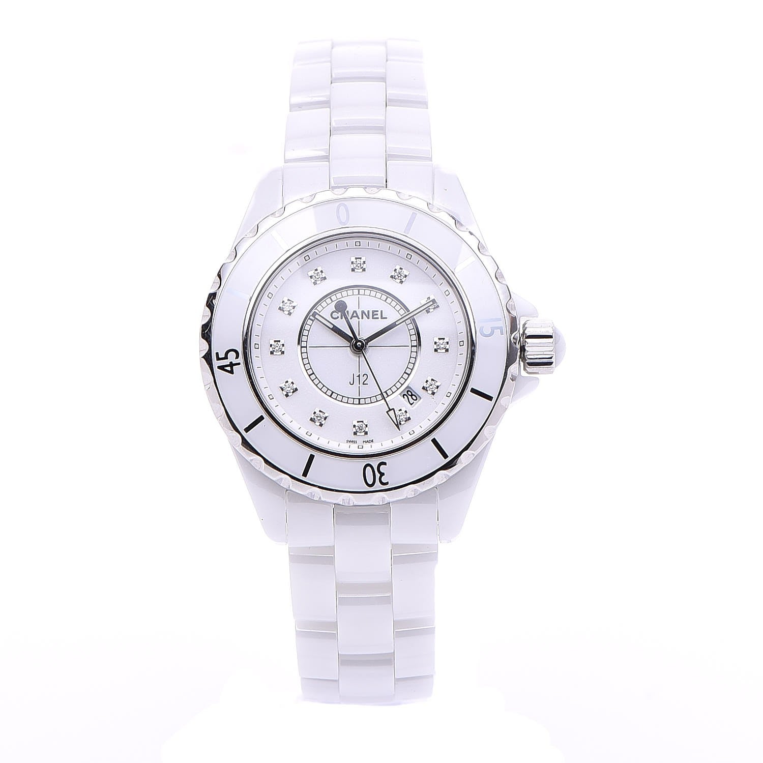 Chanel Stainless Steel Ceramic Diamond 33mm J12 Quartz Watch White 1 of 7