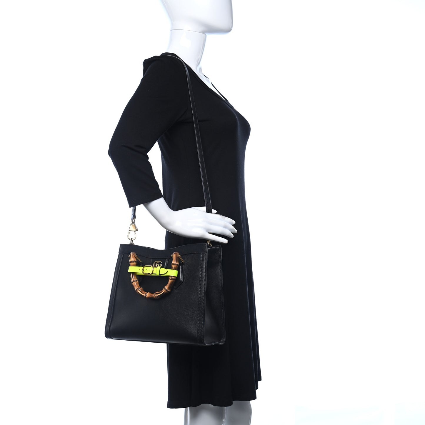 Calfskin Small Diana Tote Bag Black Yellow Fluo