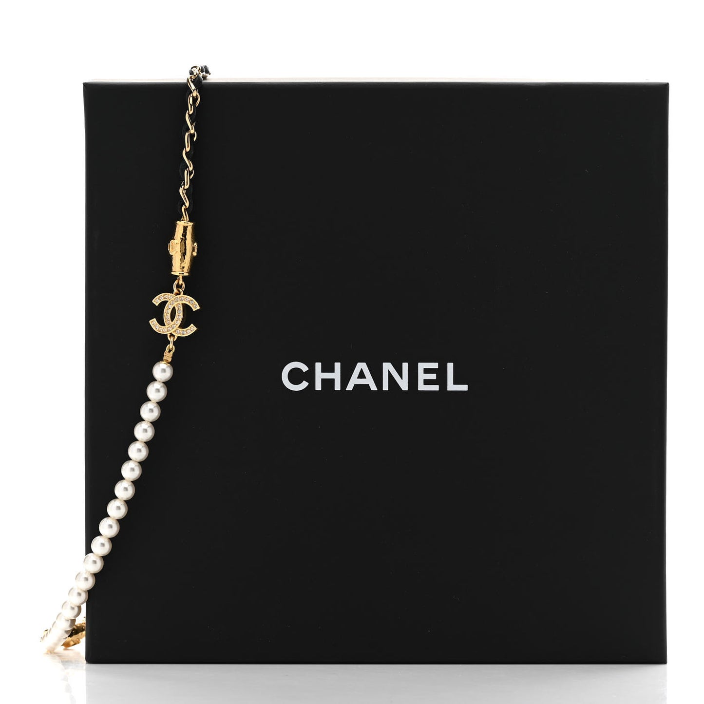 Pearl Crystal Lambskin CC Necklace Gold Black