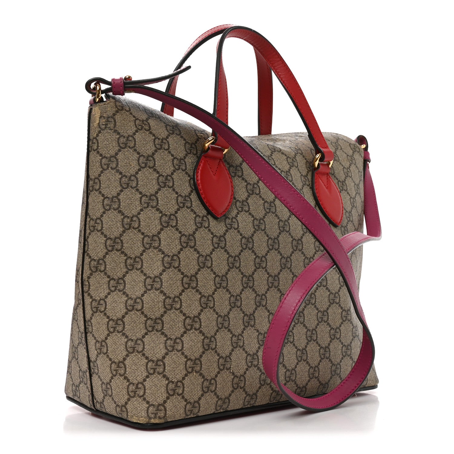 Gucci GG Supreme Monogram Linea A Foldover Tote Beige Hibiscus Red New Rosette 3 of 10
