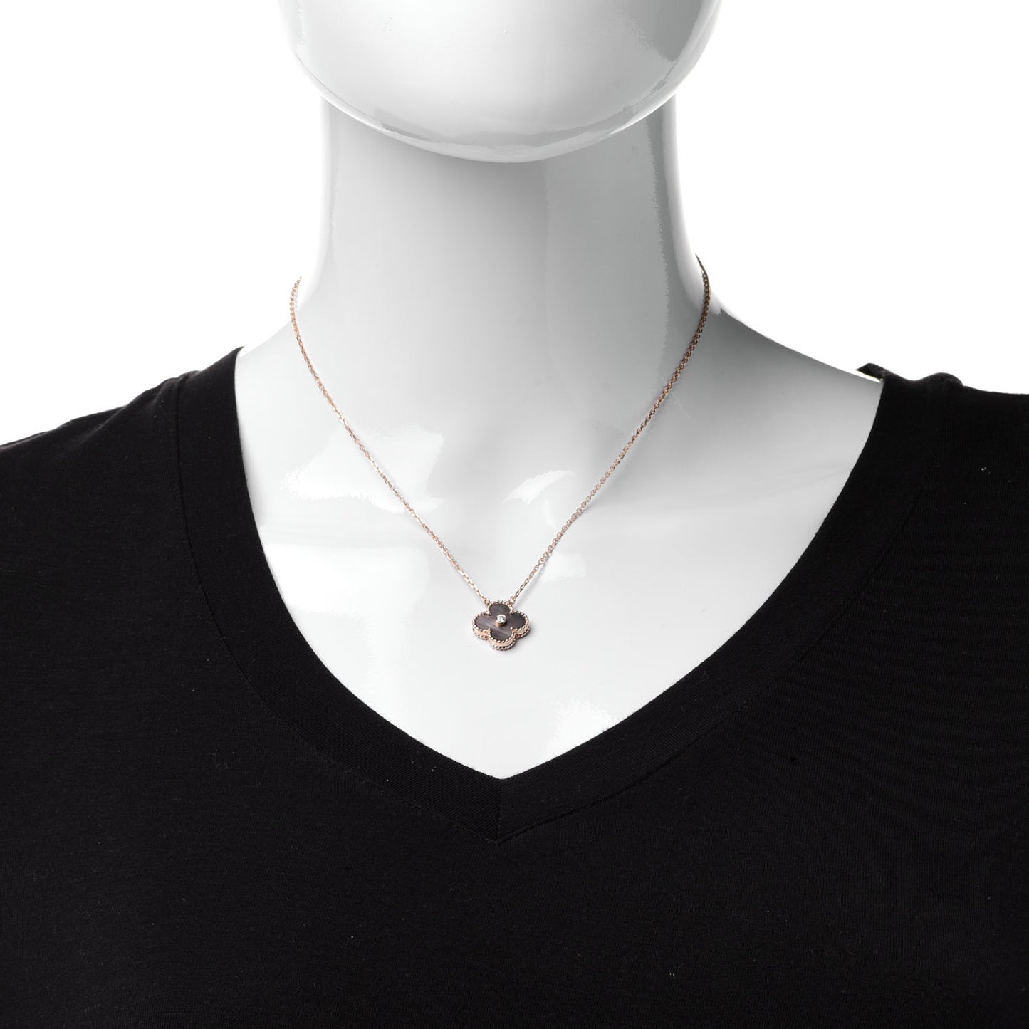 18K Rose Gold Diamond Grey Mother of Pearl Vintage Alhambra Pendant Necklace