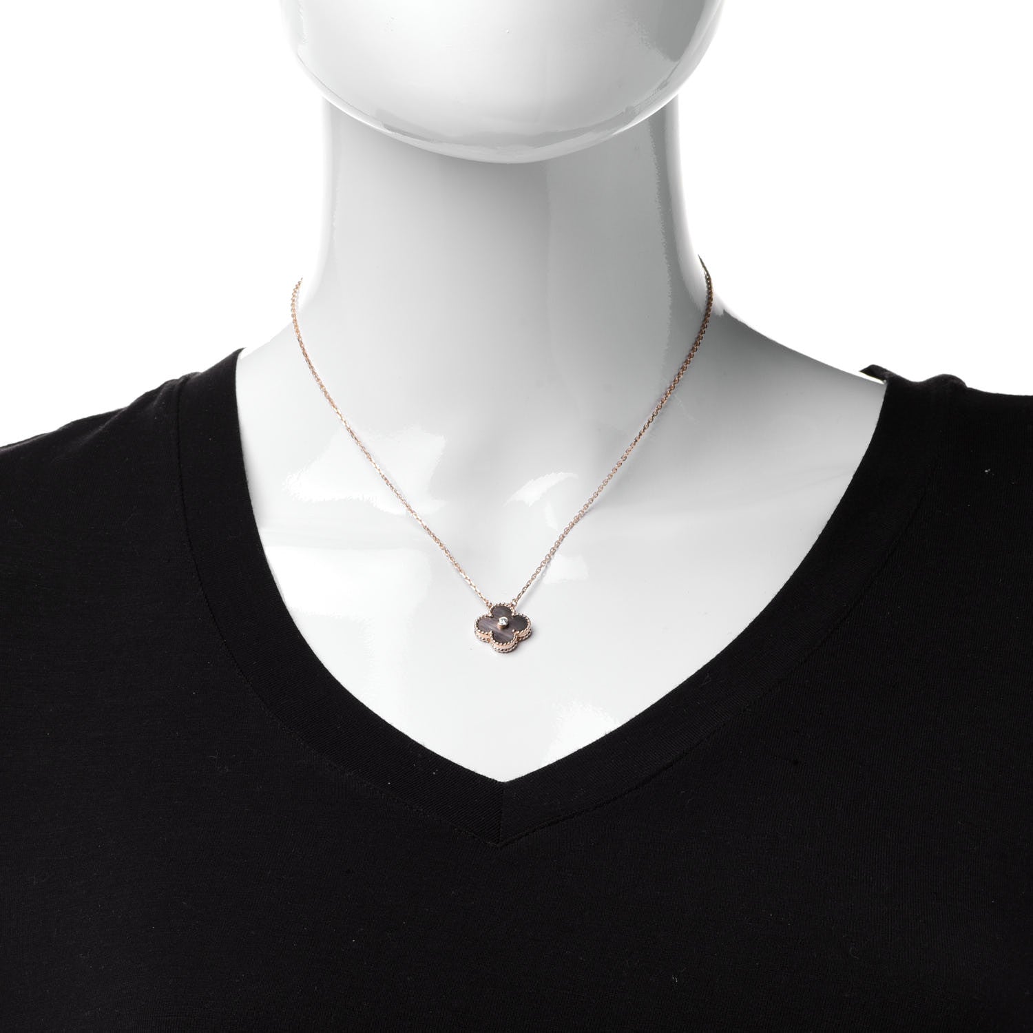 Van Cleef & Arpels 18K Rose Gold Diamond Grey Mother of Pearl Vintage Alhambra Pendant Necklace 2 of 5