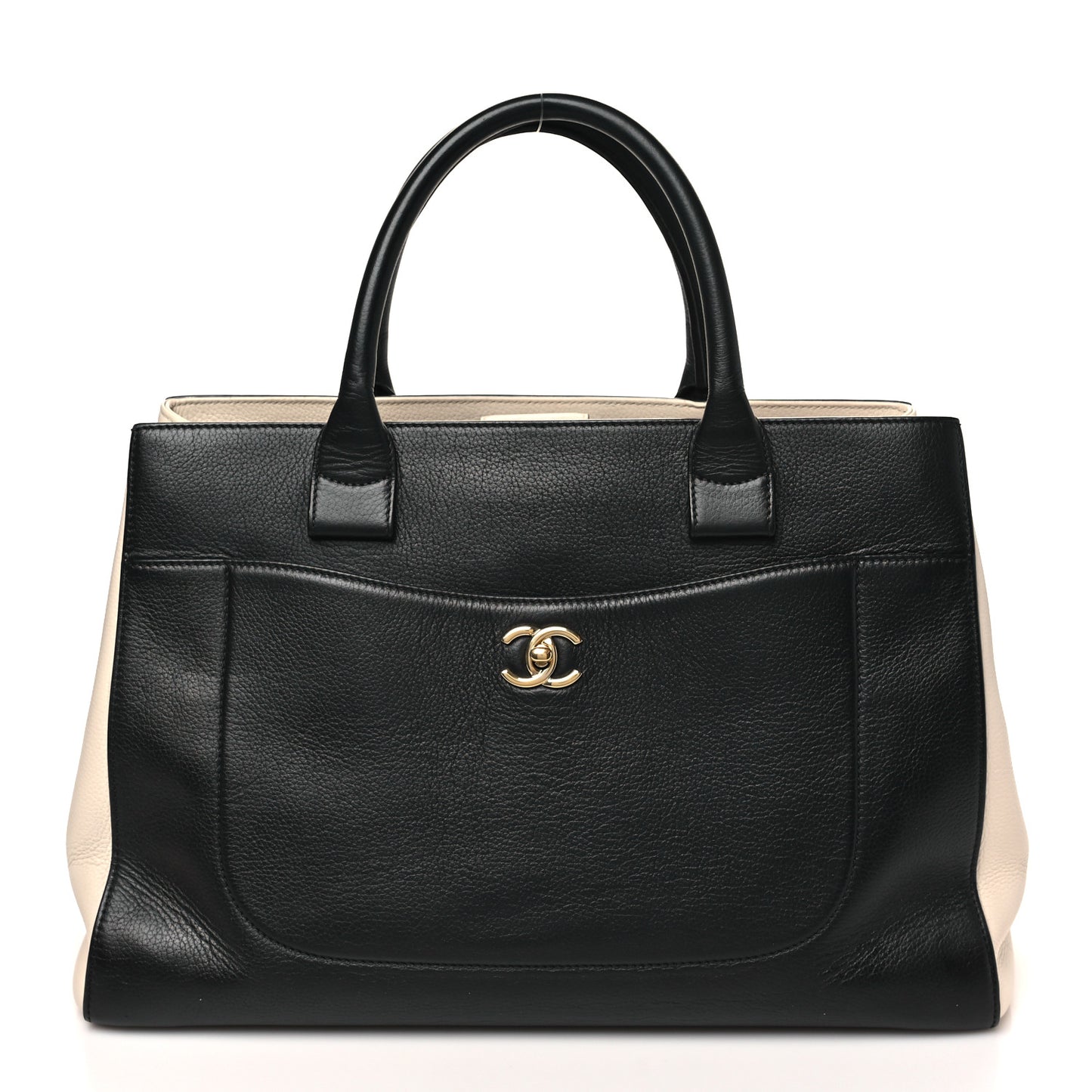 Grained Calfskin Medium Bi-Color Neo Executive Shopper Tote Black Beige
