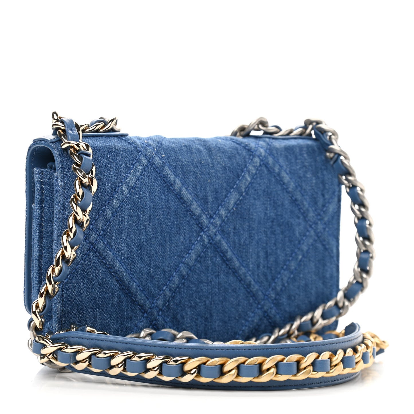 Denim Quilted Chanel 19 Wallet On Chain WOC Blue