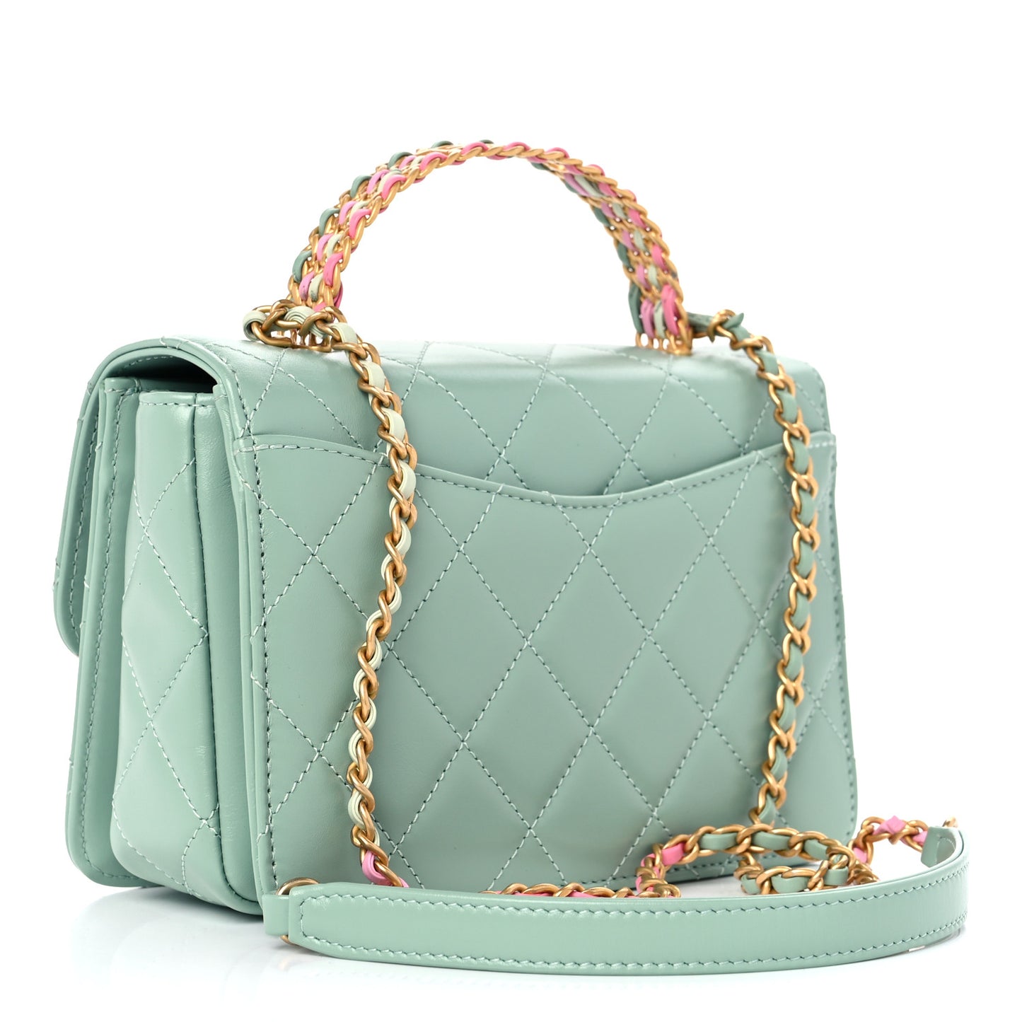 Shiny Calfskin Quilted Mini Metal Top Handle Flap Light Green