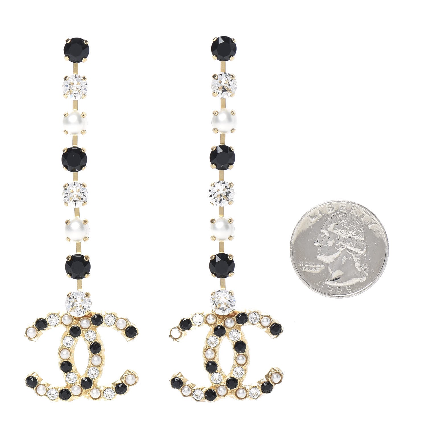 Chanel Resin Crystal Pearl CC Long Drop Earrings Gold Black 2 of 5