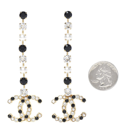 Chanel Resin Crystal Pearl CC Long Drop Earrings Gold Black 2 of 5